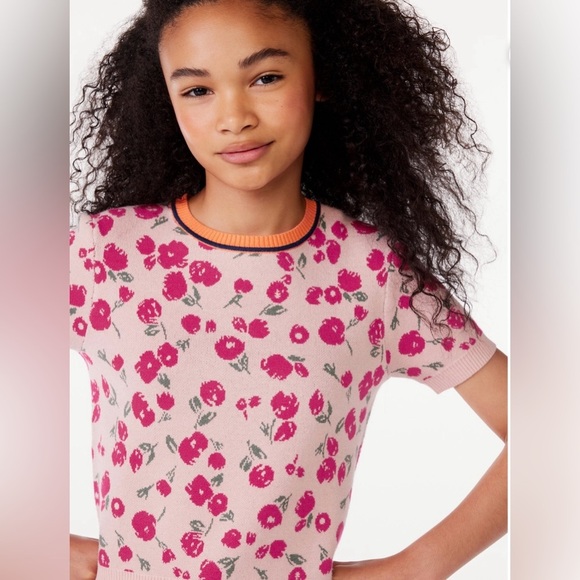 Free Assembly Girls Short Sleeve Intarsia Sweater Top L (10/12) Flowers - Picture 4 of 7